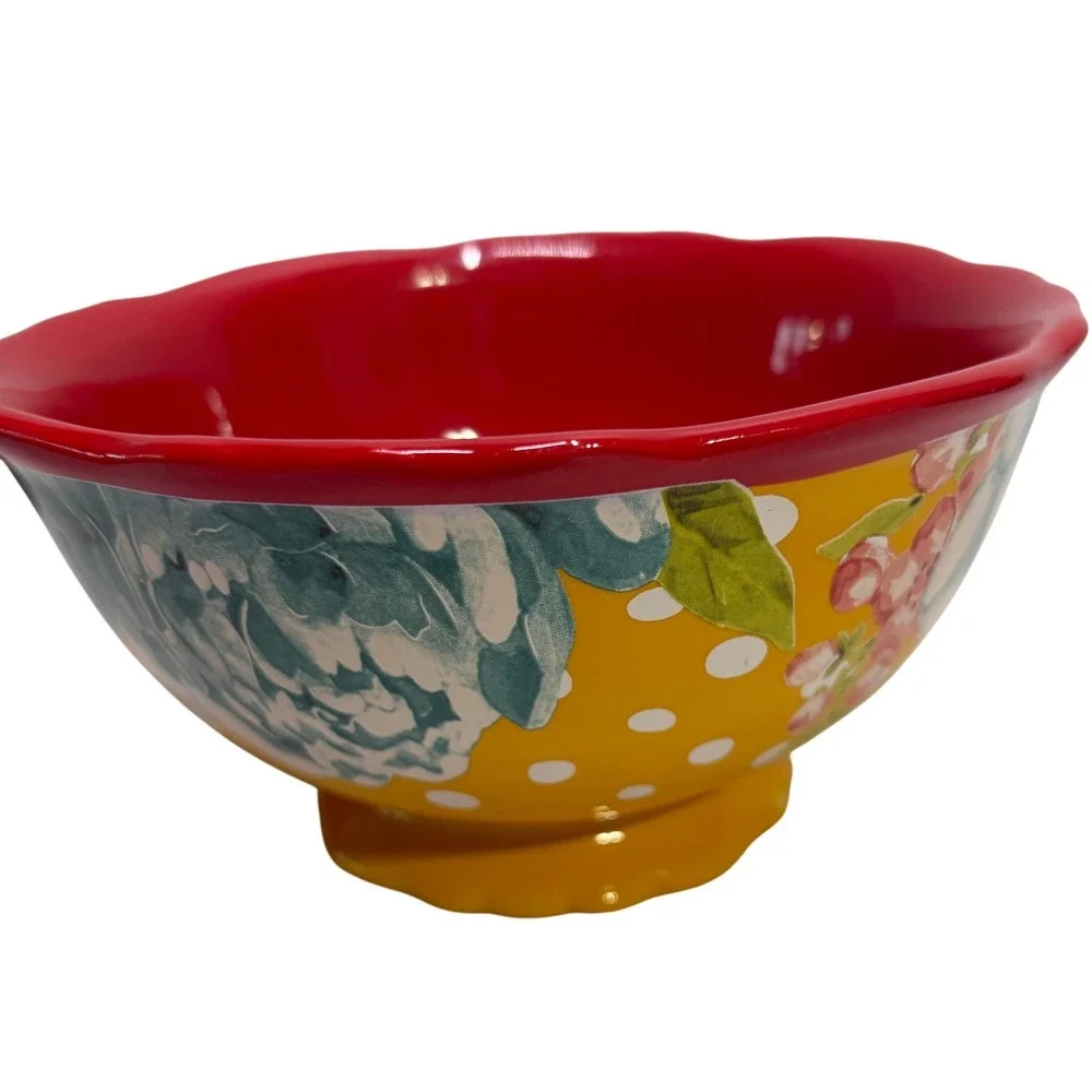 Lot of 3 The Pioneer Woman Blossom Jubilee Footed Stoneware Bowl Yellow Red  6in